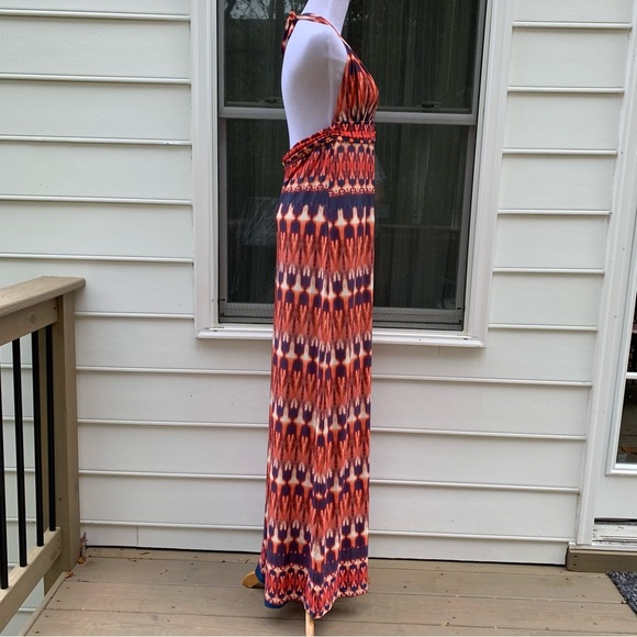 Vix Paula Hermanny Ikat print Peach Pink Cream Blue Jersey Halter Maxi Dress L - Picture 6 of 16